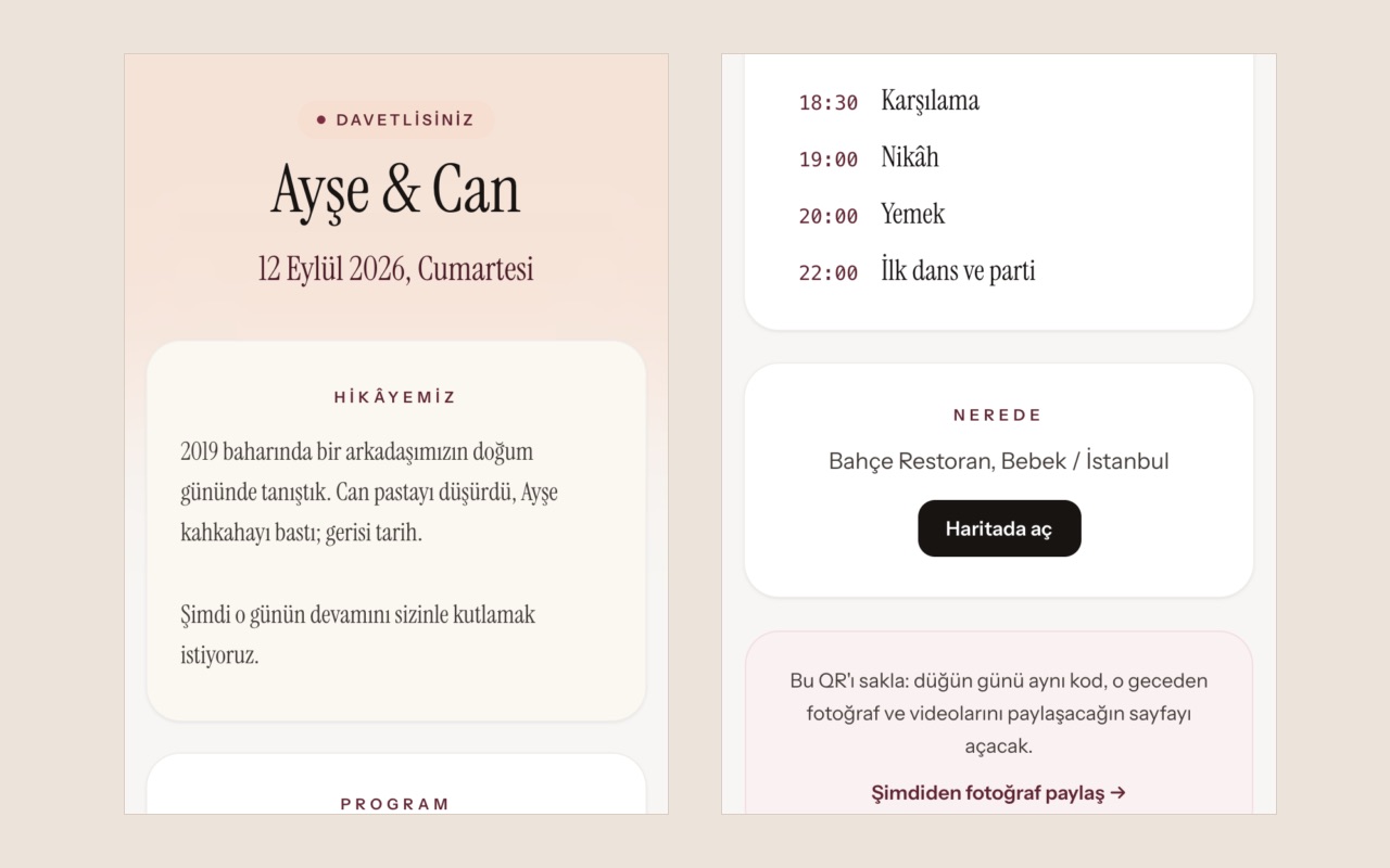 Telefonda davetiye sayfası: “Davetlisiniz”, çiftin adı, tarih, hikâyemiz, program ve konum