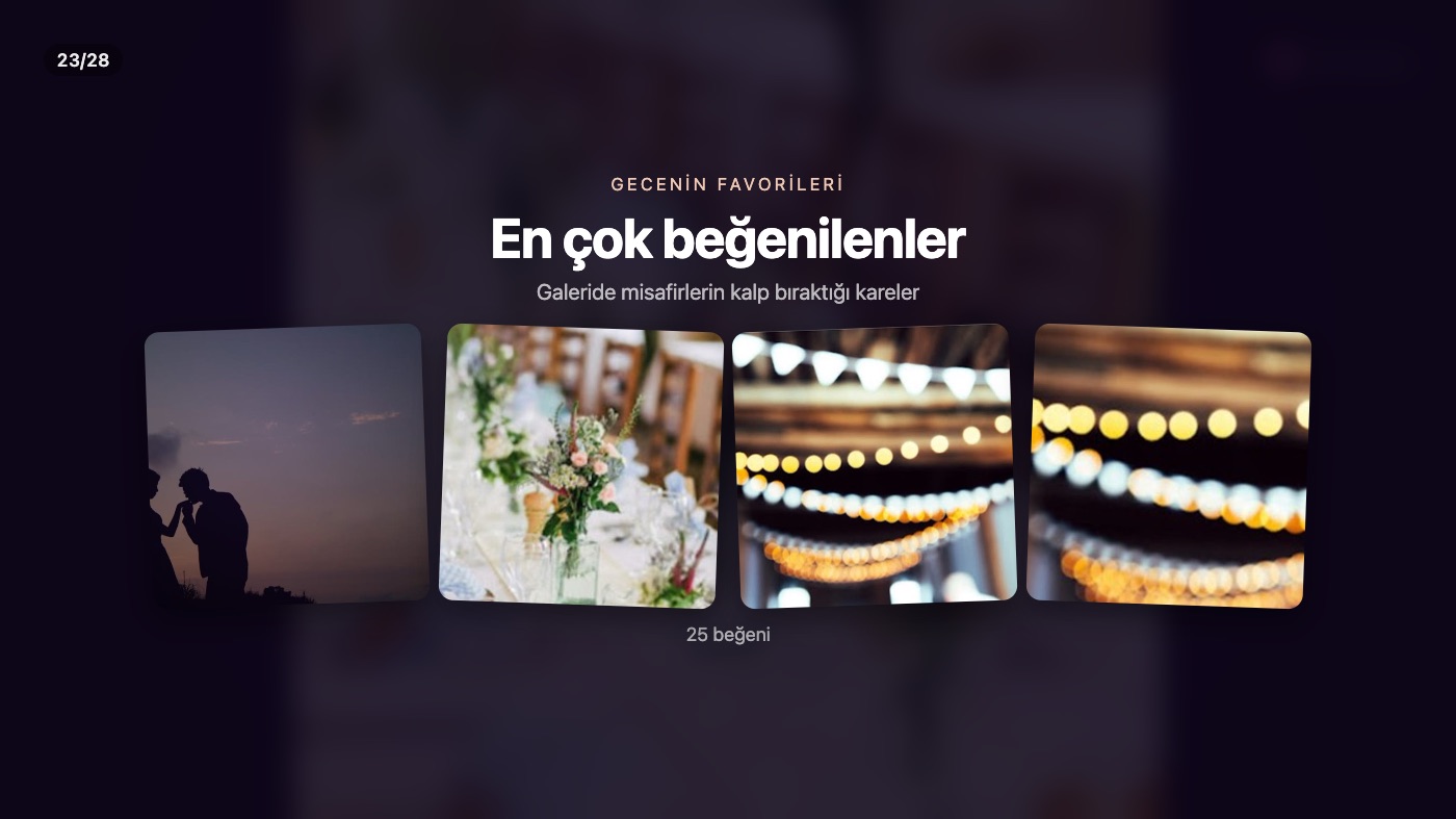 Anı Duvarı'nda “Gecenin favorileri · En çok beğenilenler” kartı ve dört fotoğraf