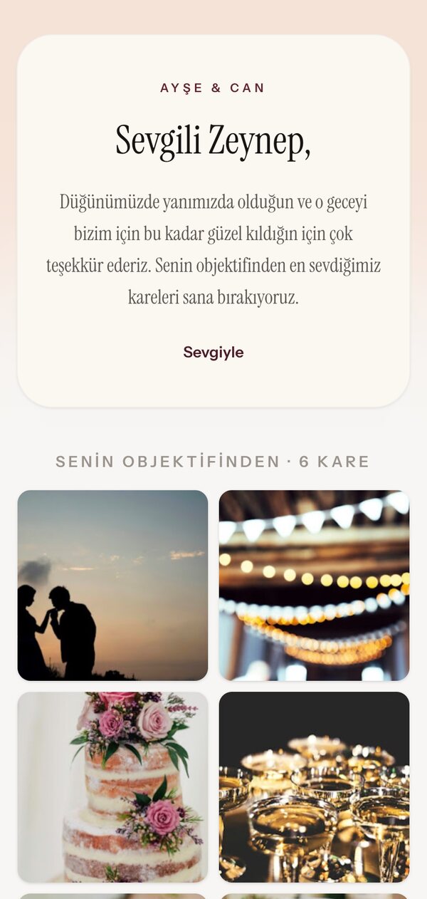 Telefonda “Sevgili Zeynep,” diye başlayan teşekkür kartı ve altında onun çektiği fotoğraflar