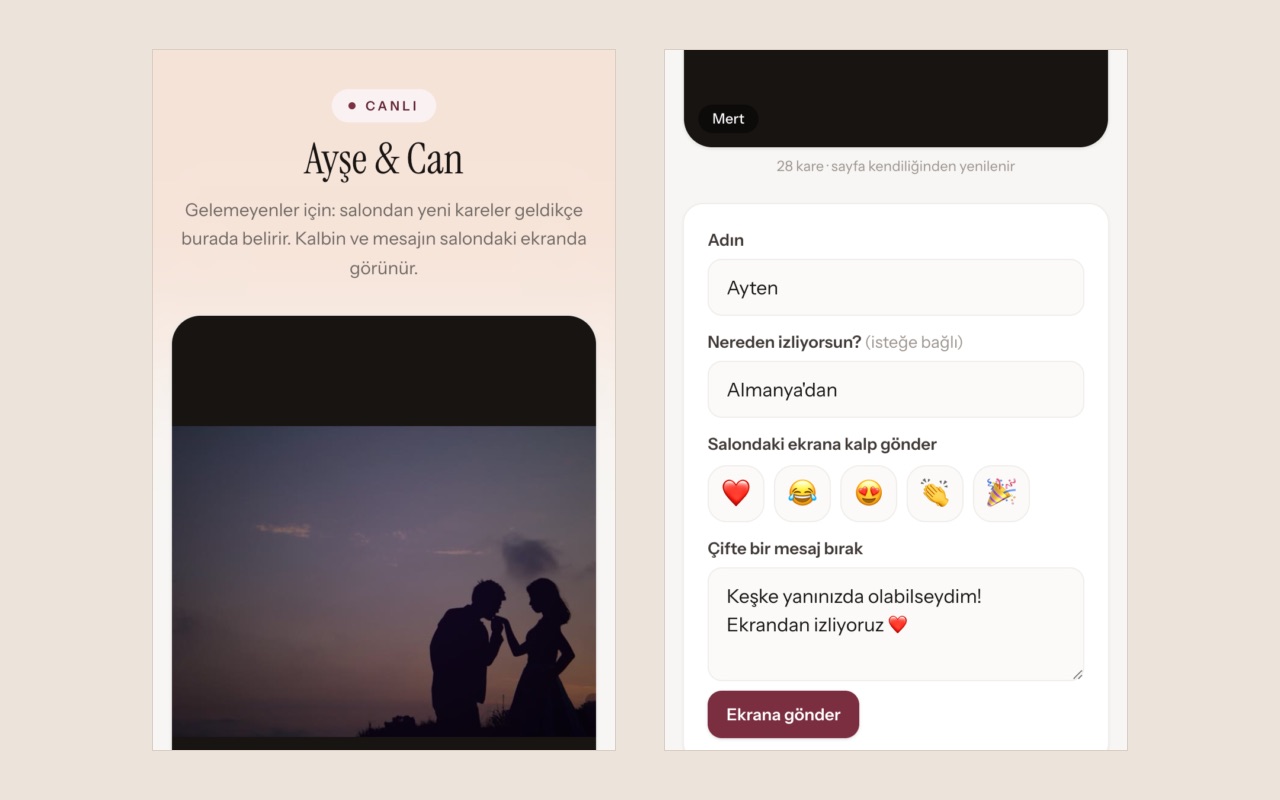 Telefonda “Canlı” izleme sayfası: salondan gelen bir fotoğraf, ad ve “Almanya'dan” yazılı alanlar, emoji düğmeleri ve mesaj kutusu